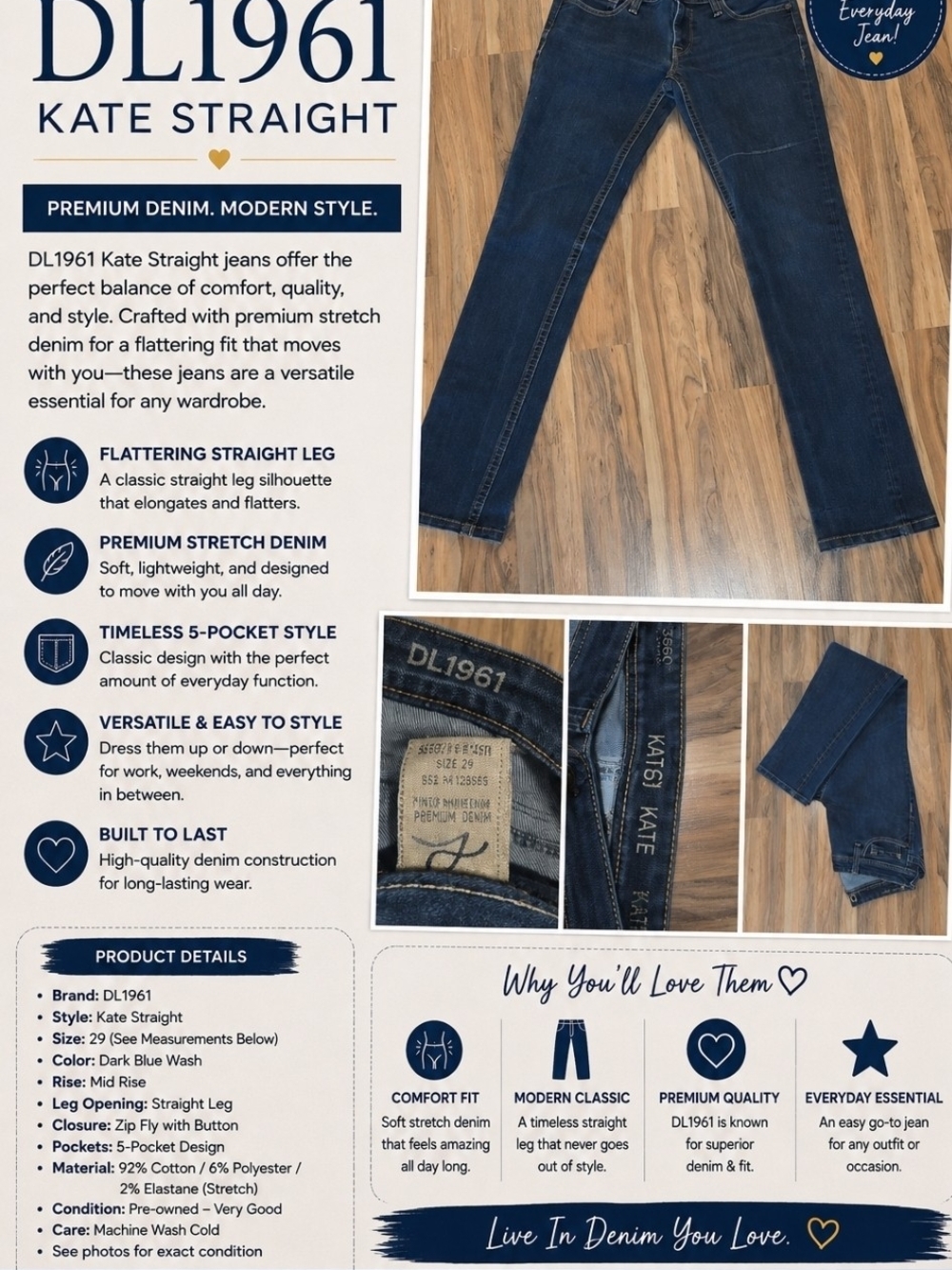 DL1961 Kate Straight Jeans in Dark Blue Wash